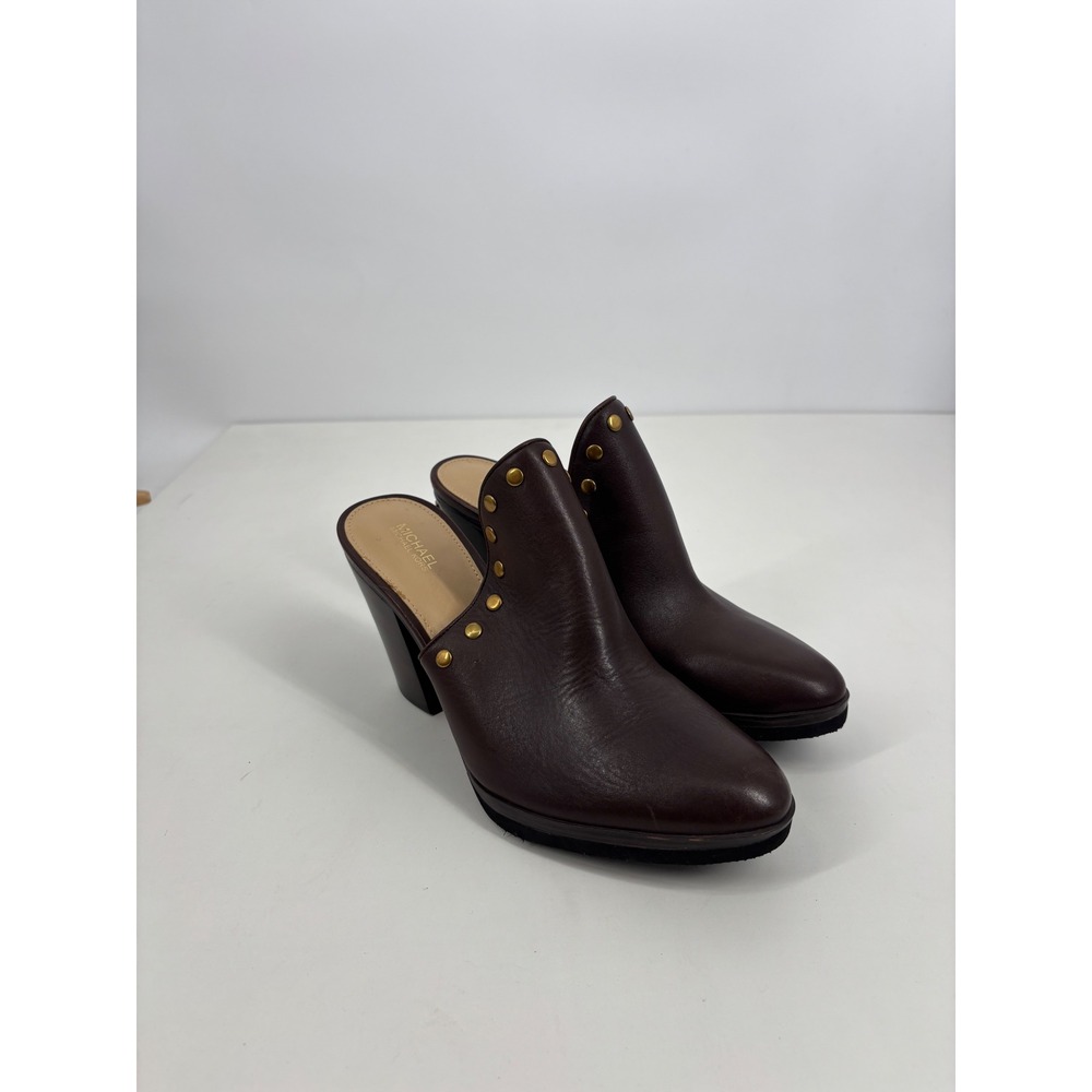 Michael‎ Kors Mules Womens 10M Brown Leather Studded Block Heel Clogs - Picture 3 of 10